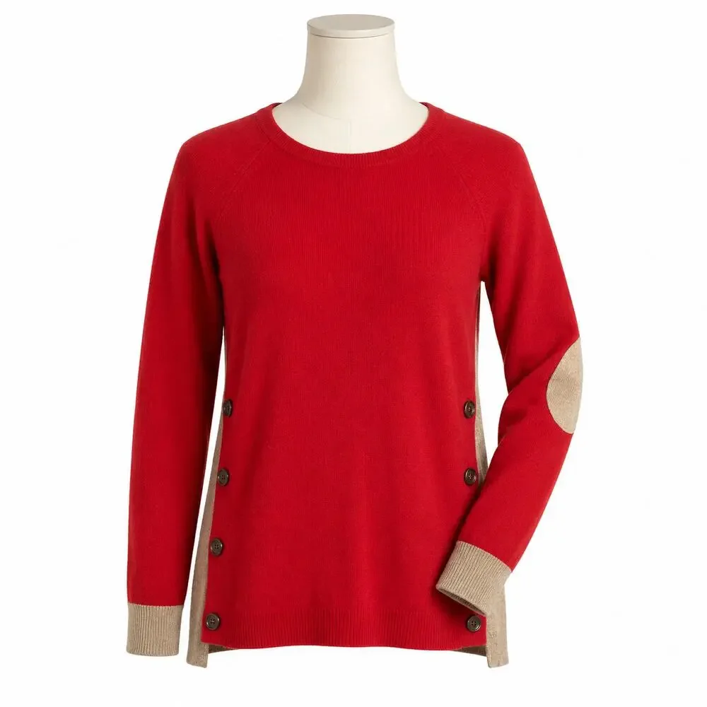 J. Crew Colorblock Red & Tan Side-Button Crewneck Sweater w/ Elbow Patches • XS